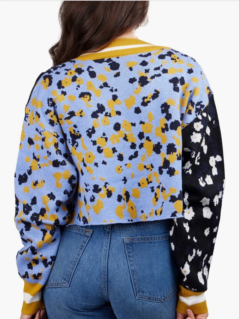 SAACHI Blue Black Gold Floral Colorblock Cropped Cardigan One size Crop style